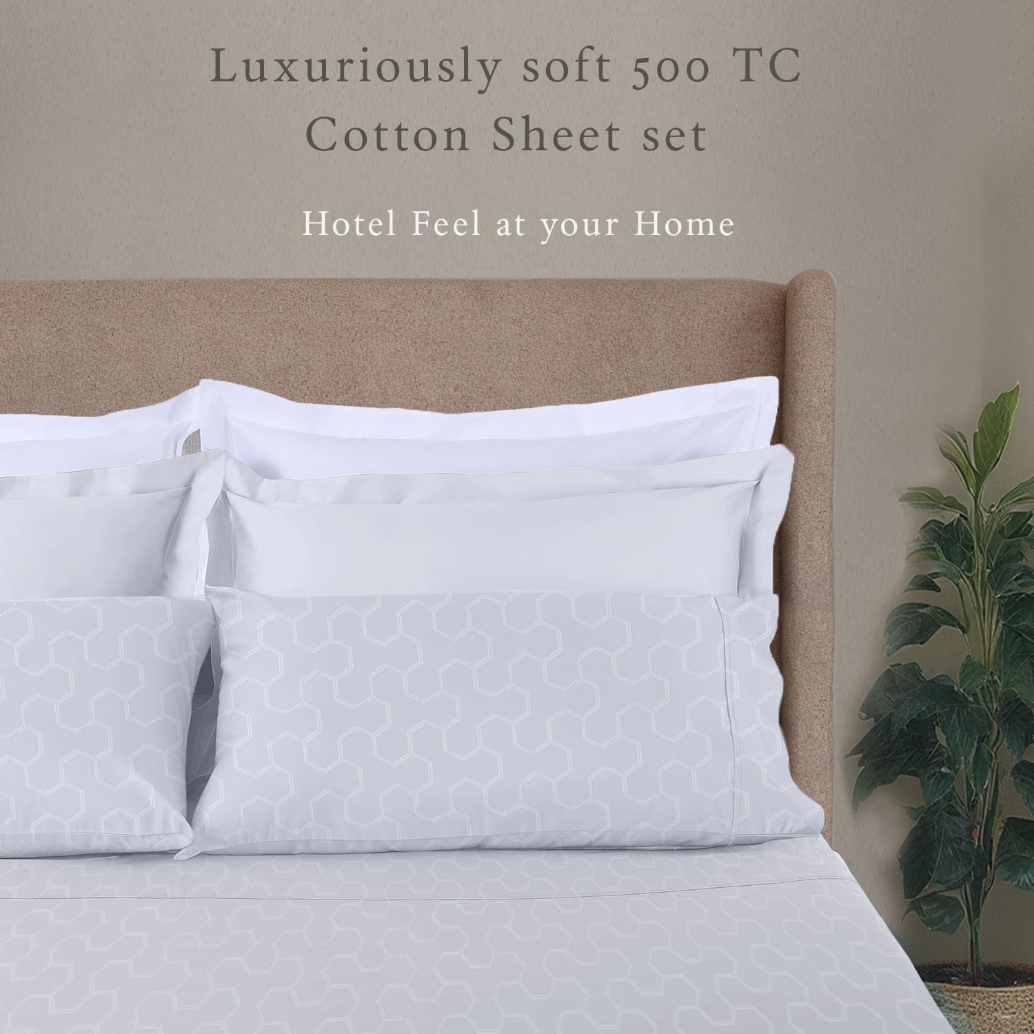 500 Thread Count Queen Size Sheets 4 Pc Luxury Cotton Bedding Set, Jacquard Floria Hotel White, Silky Smooth Sheets with 16" Elasticized Deep Pocket, 2 Pillowcases & Free Tote Bag