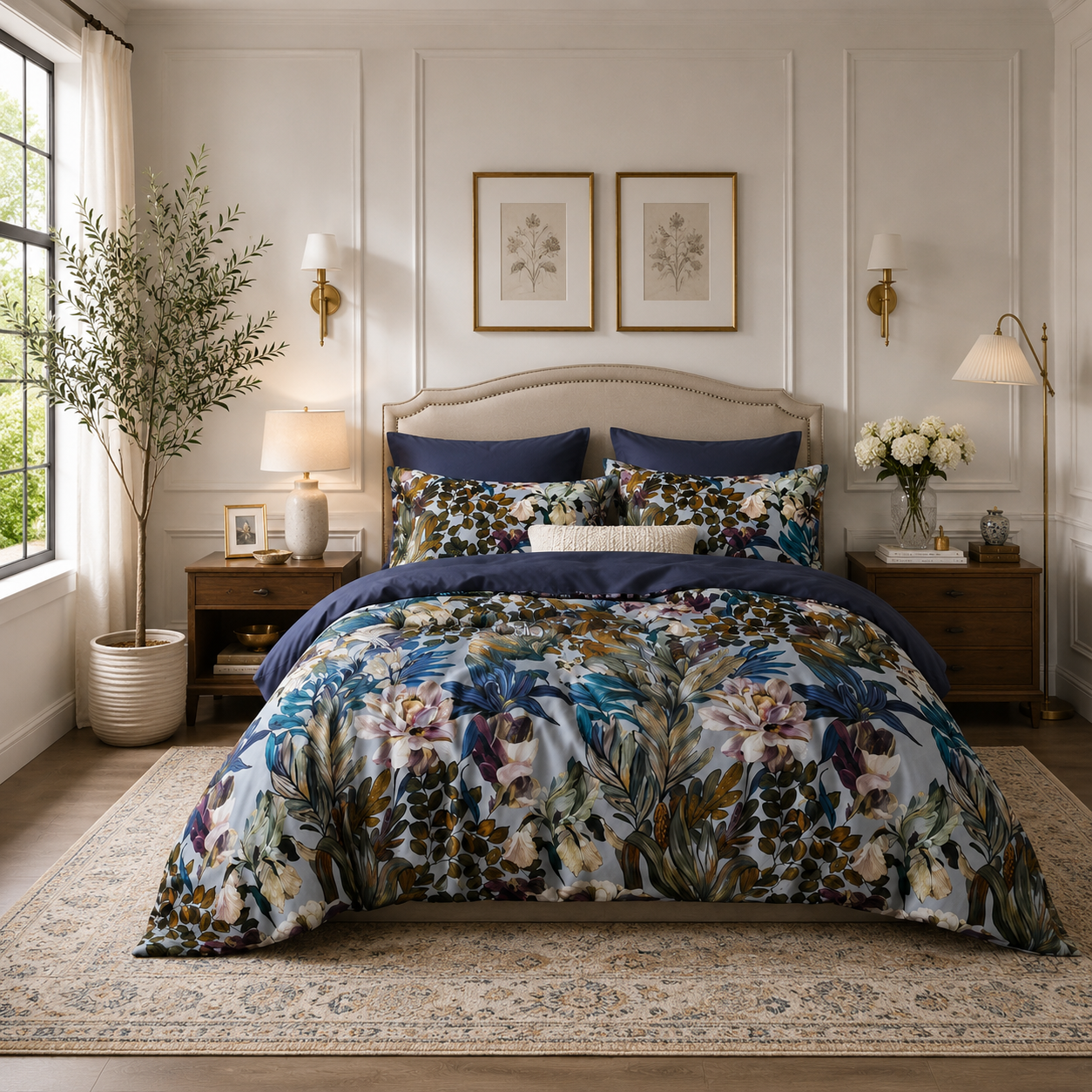 Bright Flamingo Leaf - Midnight Botanical Bloom Egyptian Cotton Bedding Set