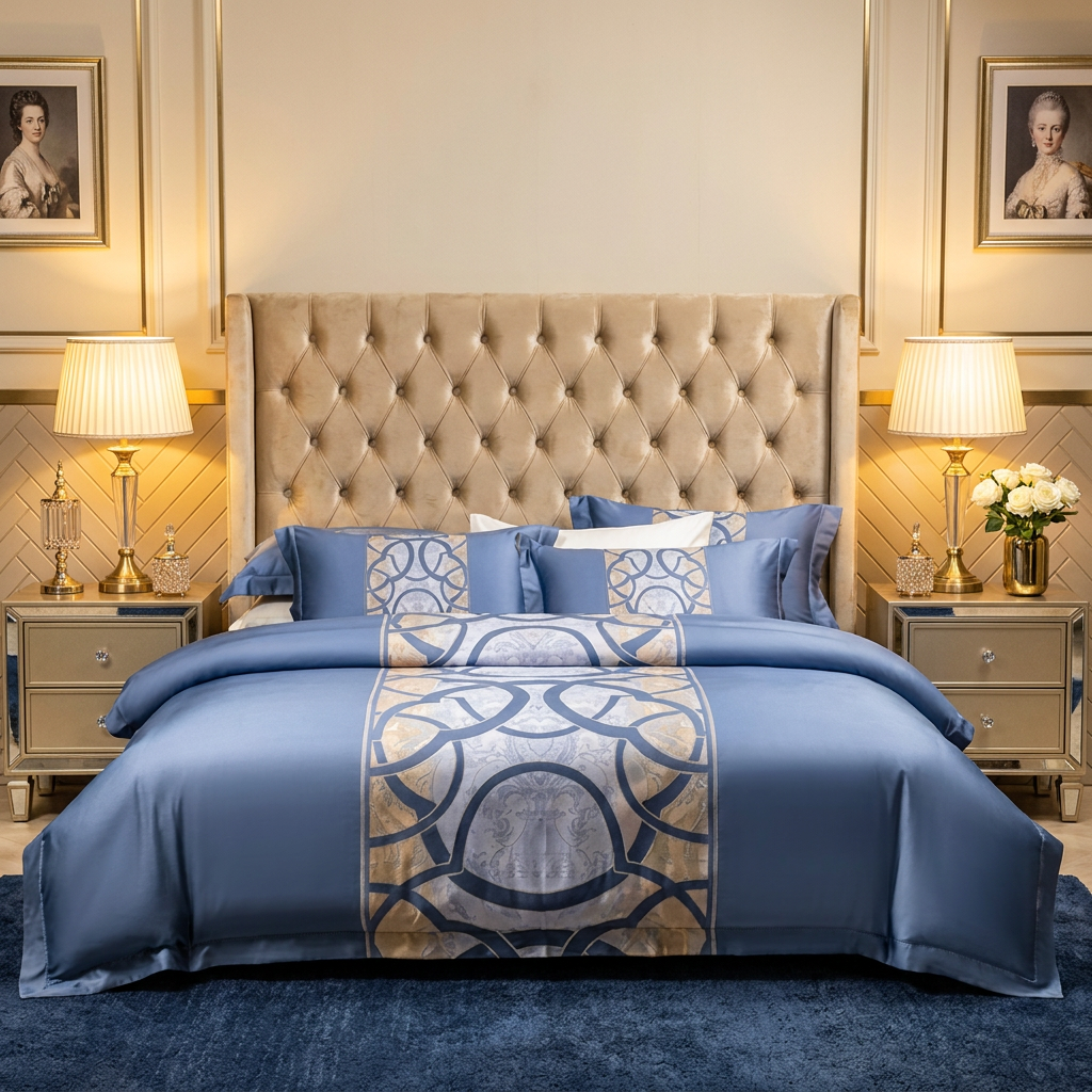 Artisan Design - Steel Blue Geometric Parisian Hotel Egyptian Cotton Bedding Set