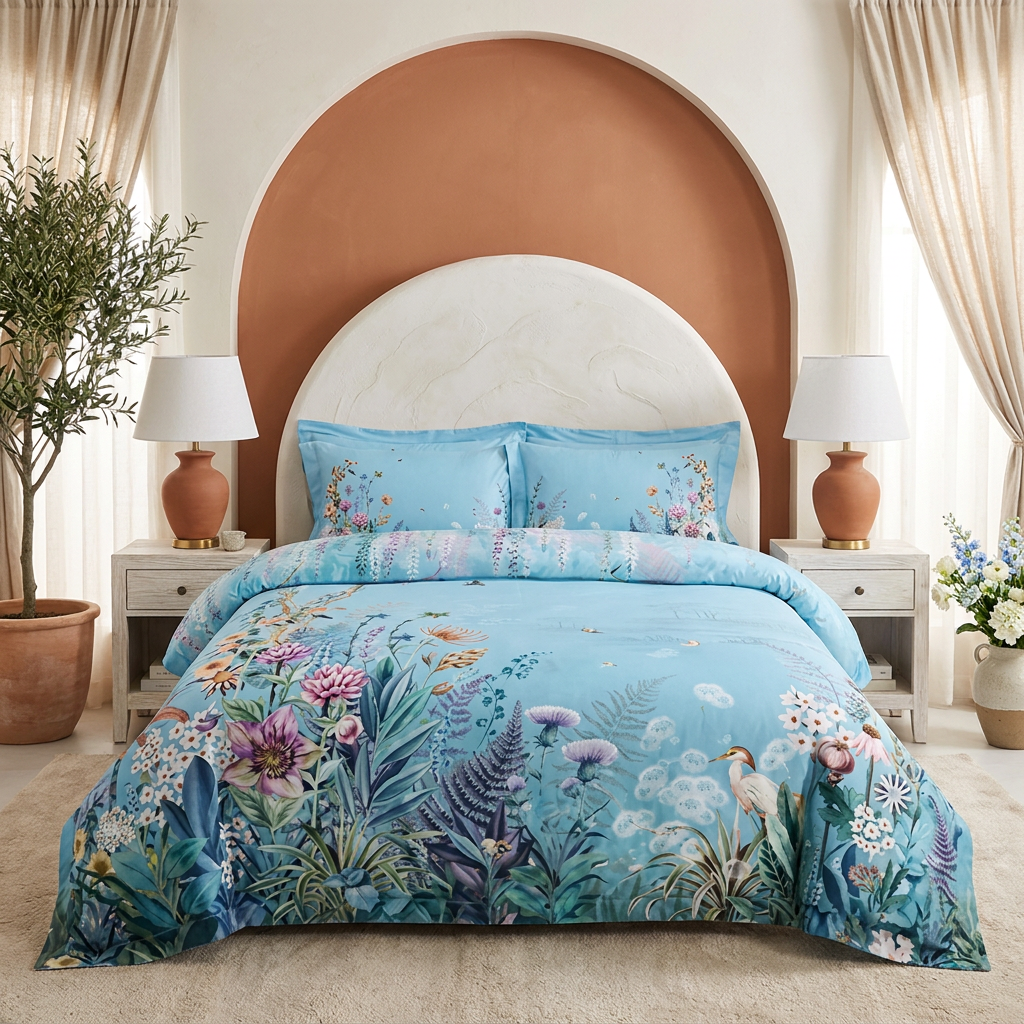 Artisan Design - Sky Blue Botanical Mediterranean Egyptian Cotton Bedding Set