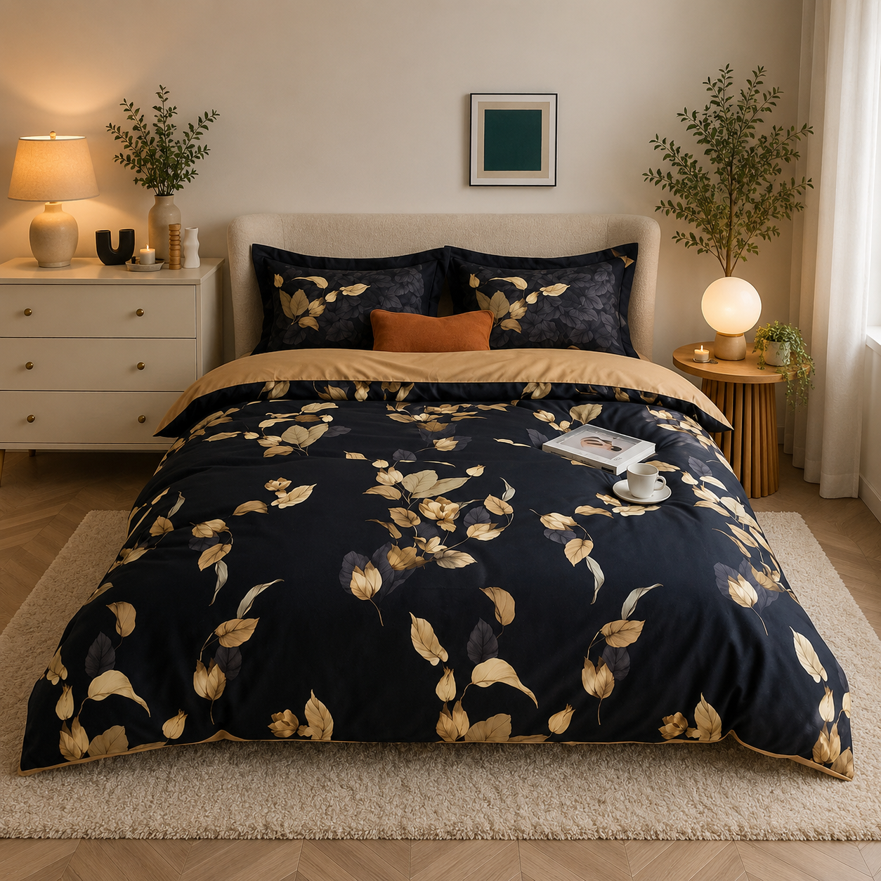Bright Flamingo Leaf - Noir Twilight Egyptian Cotton Bedding Set