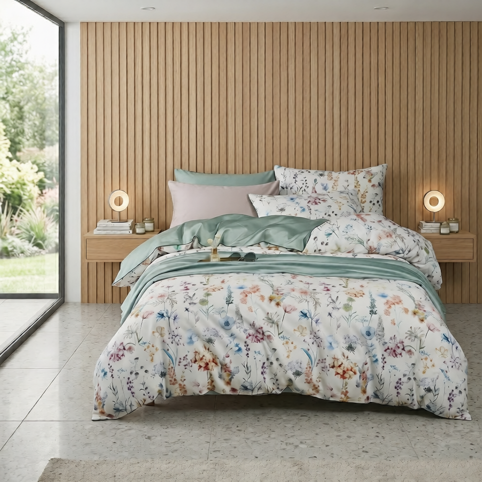 Bright Flamingo Leaf - Botanical Meadow Egyptian Cotton Bedding Set