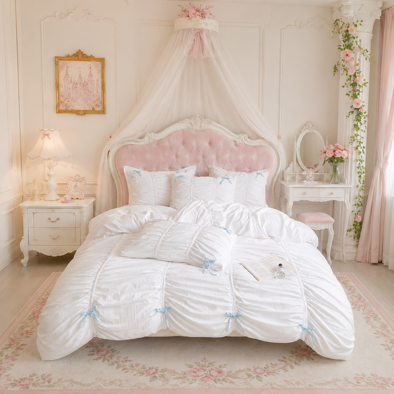 The Enchanted Princess Chamber - White Blue Ruched Bedding Set