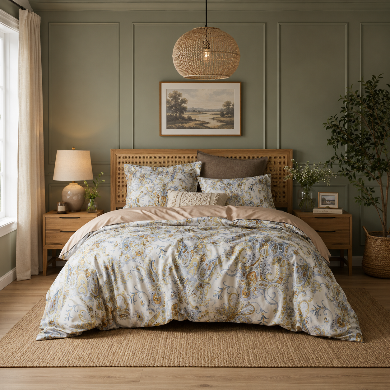 Bright Flamingo Leaf - Paisley Elegance Egyptian Cotton Bedding Set