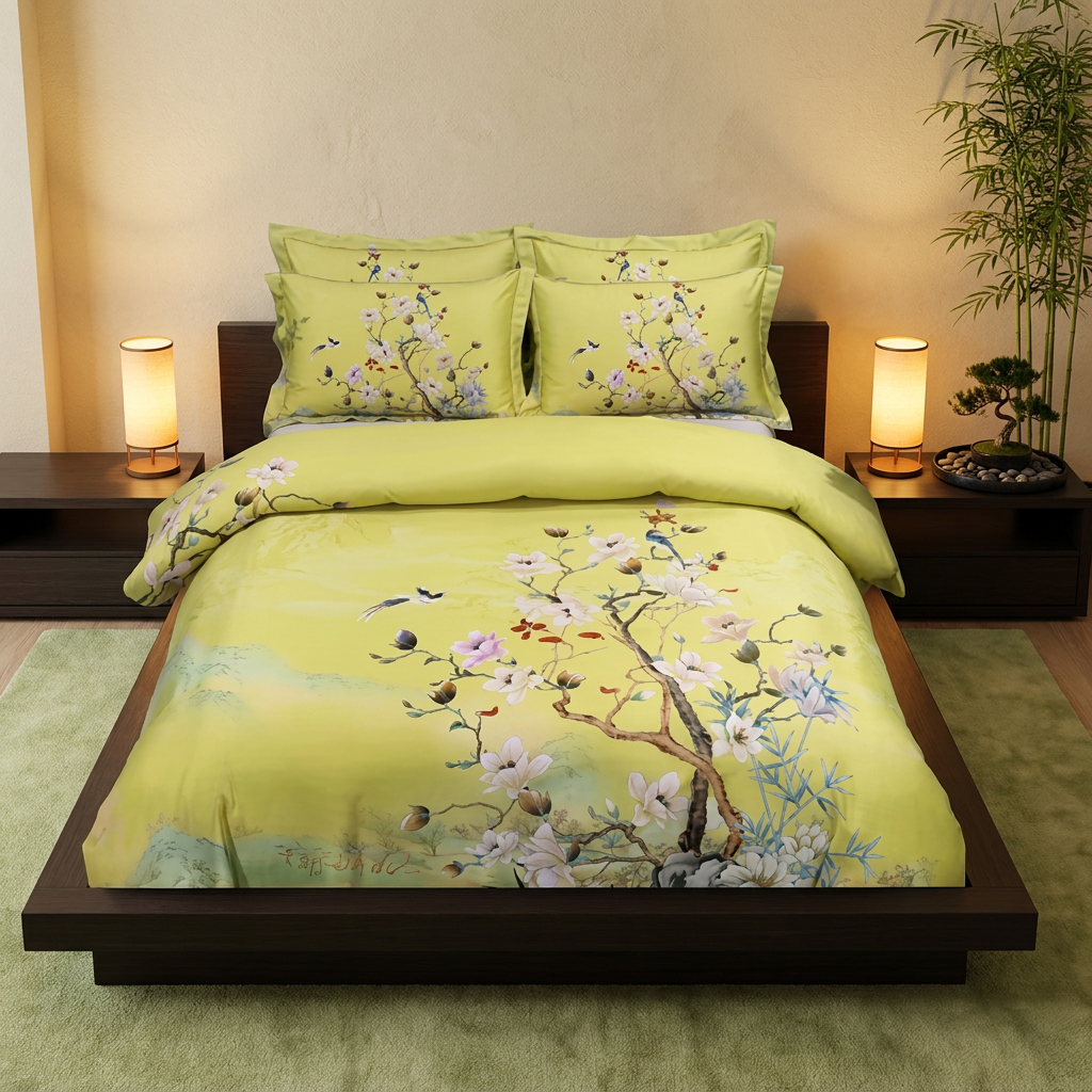 Artisan Design - Yellow Chinoiserie Blossom Japandi Luxury Egyptian Cotton Bedding Set