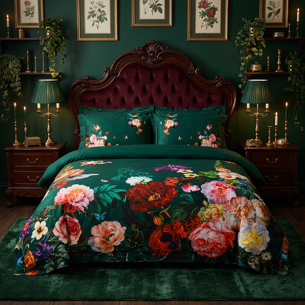 Artisan Design - Emerald Floral Dark Victorian Botanical Egyptian Cotton Bedding Set