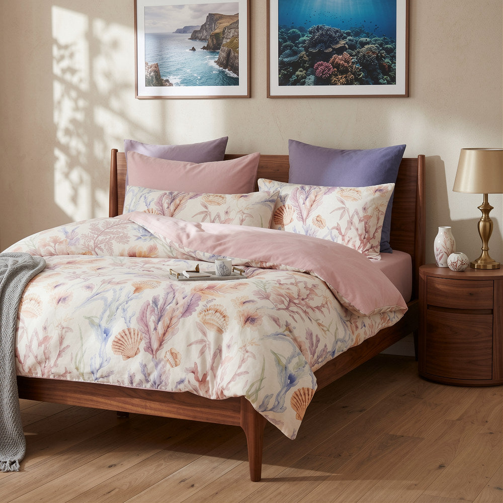 Bright Flamingo Leaf - Coastal Shorelines Pastel Egyptian Cotton Bedding Set