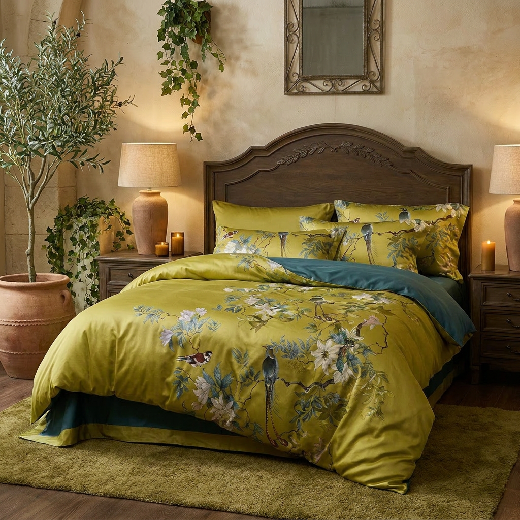 Bright Flamingo Leaf - Olive Chinoiserie Bird Tuscan Villa Egyptian Cotton Bedding Set