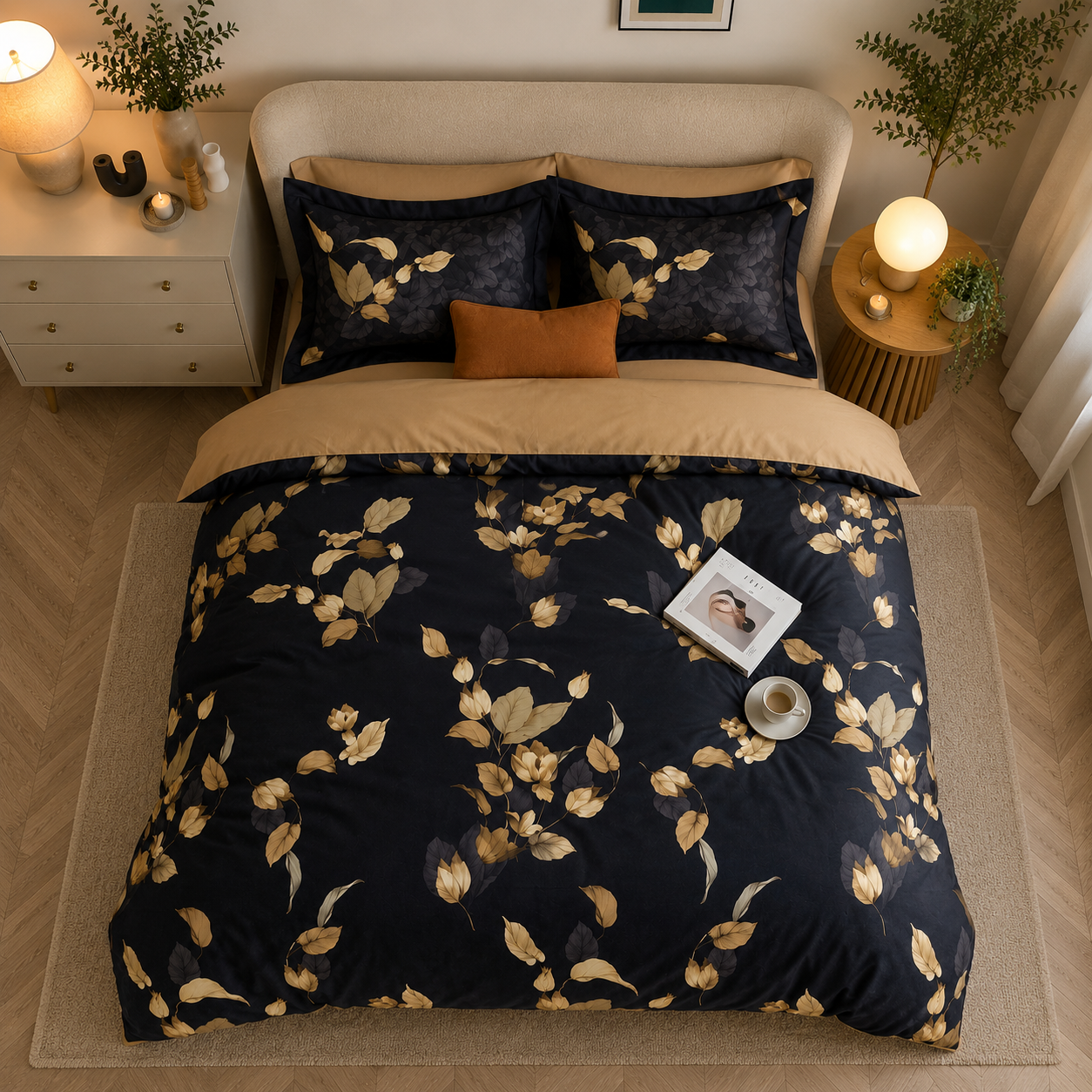 Bright Flamingo Leaf - Noir Twilight Egyptian Cotton Bedding Set