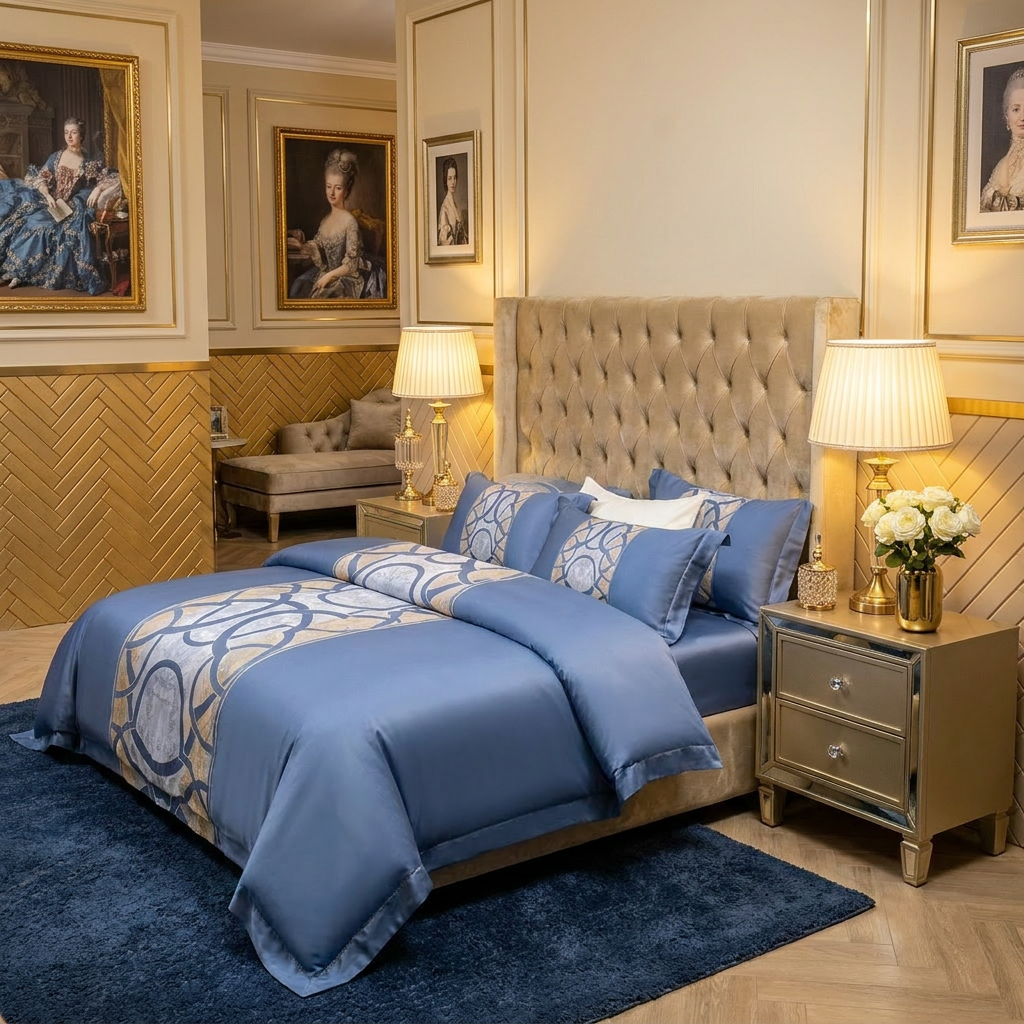 Artisan Design - Steel Blue Geometric Parisian Hotel Egyptian Cotton Bedding Set