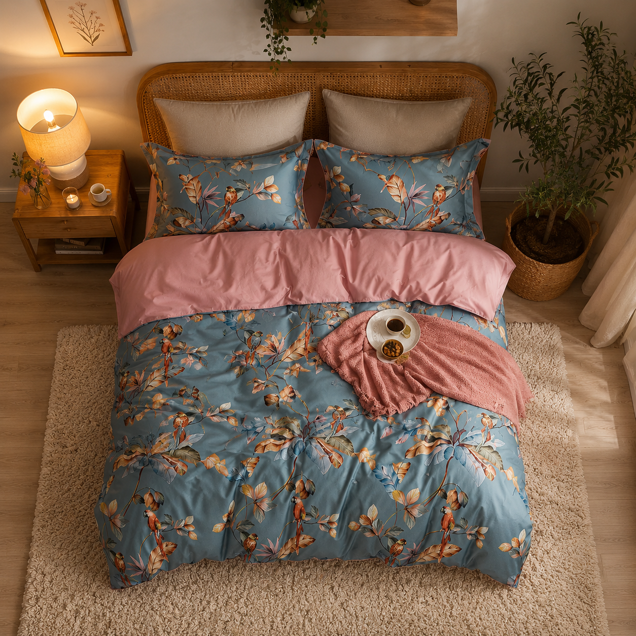 Bright Flamingo Leaf - Blush Parrot Haven Egyptian Cotton Bedding Set