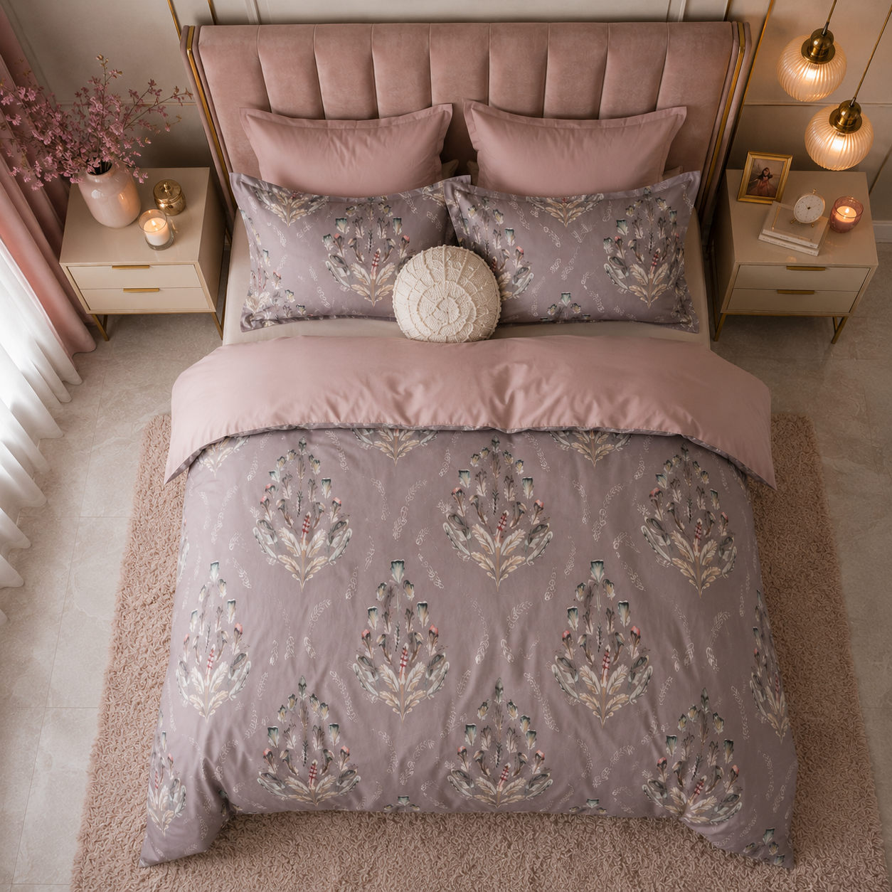 Bright Flamingo Leaf - Blush Botanical Whisper Egyptian Cotton Bedding Set