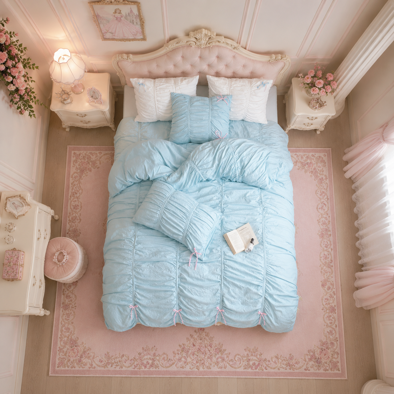 The Enchanted Princess Chamber - Baby Blue Ruched Bedding Set