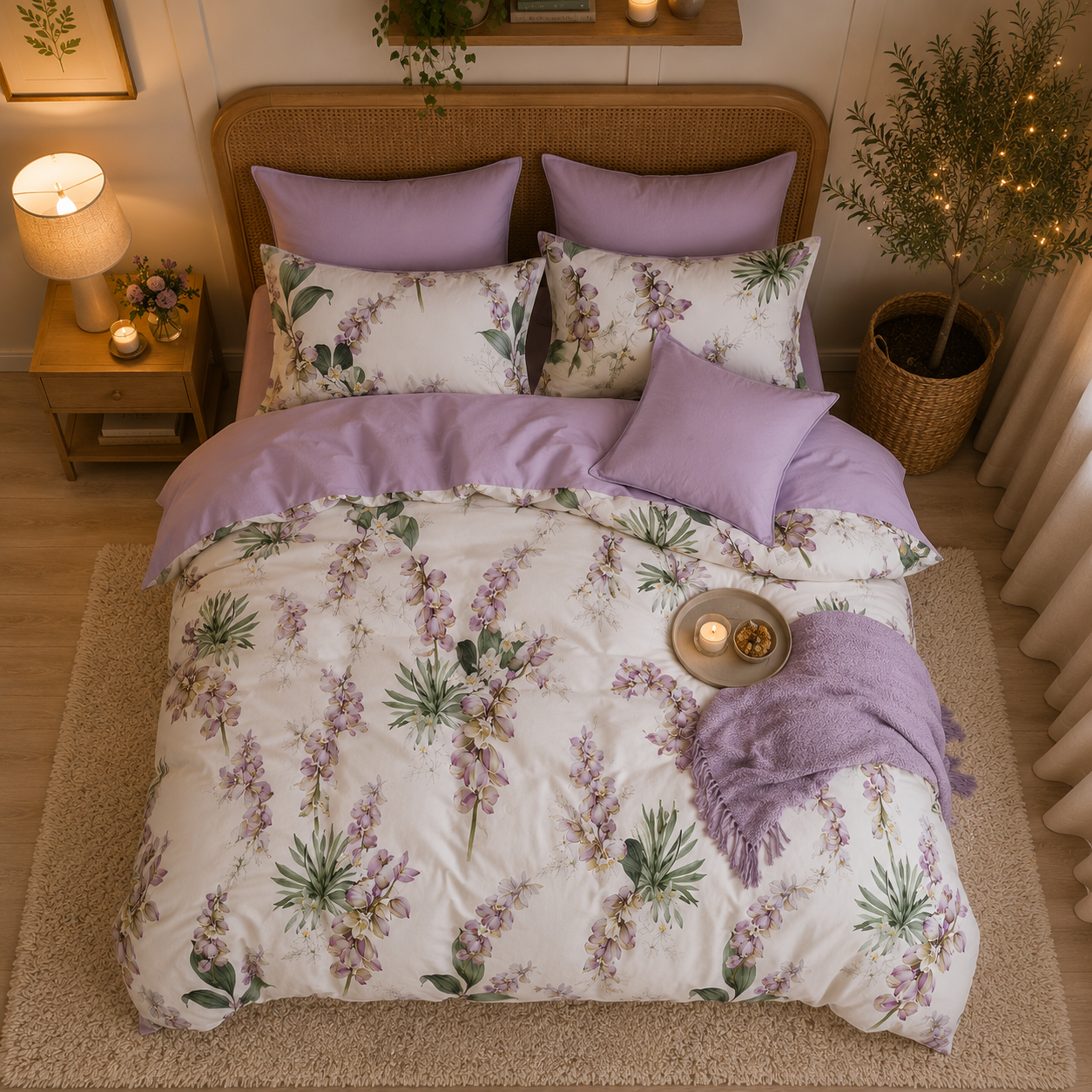 Bright Flamingo Leaf - Lavender Orchid Bliss Egyptian Cotton Bedding Set