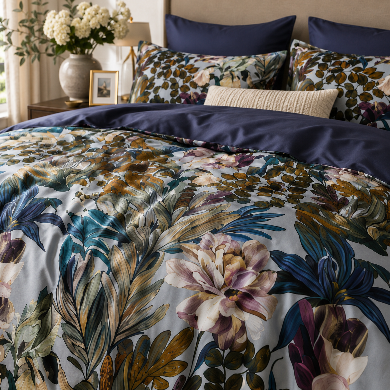 Bright Flamingo Leaf - Midnight Botanical Bloom Egyptian Cotton Bedding Set