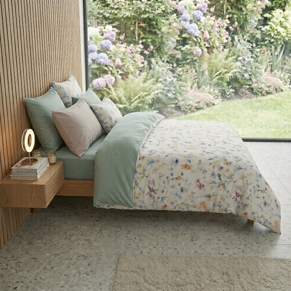 Bright Flamingo Leaf - Botanical Meadow Egyptian Cotton Bedding Set