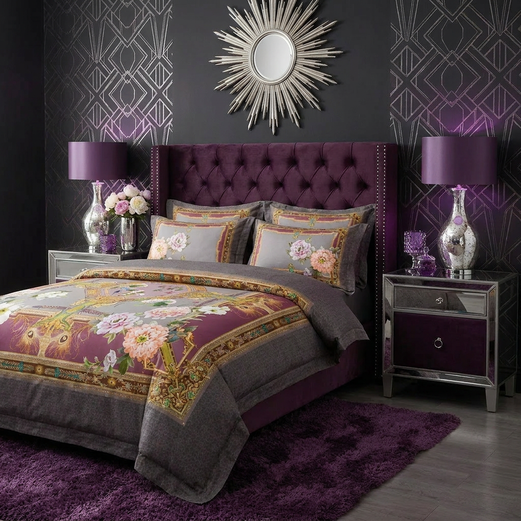 Artisan Design - Purple Baroque Hollywood Regency Egyptian Cotton Bedding Set