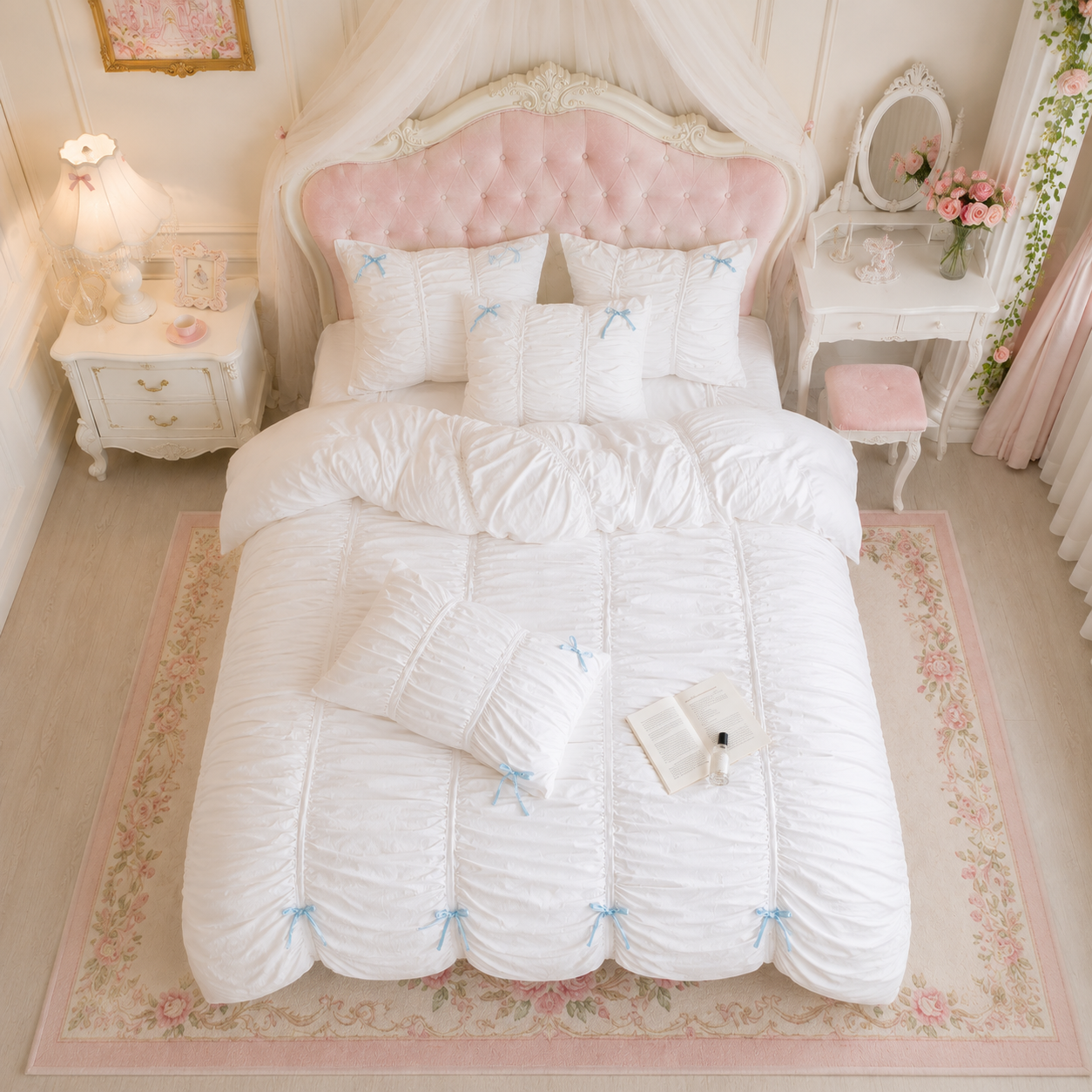 The Enchanted Princess Chamber - White Blue Ruched Bedding Set