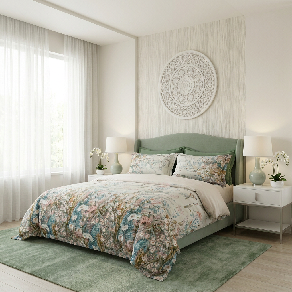 Artisan Design - Soft Botanical Crane Chinoiserie Spa Egyptian Cotton Bedding Set