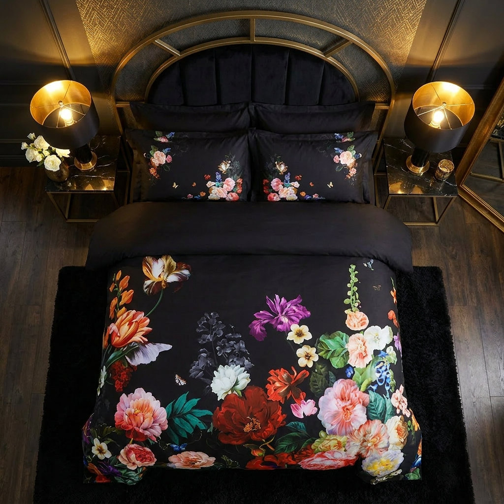 Artisan Design - Black Floral Modern Glamour Egyptian Cotton Bedding Set