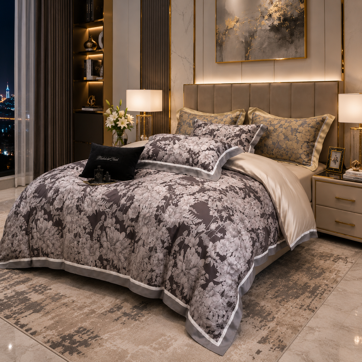 Premium Floral Long Staple - Midnight Blossom Cotton Bedding Set