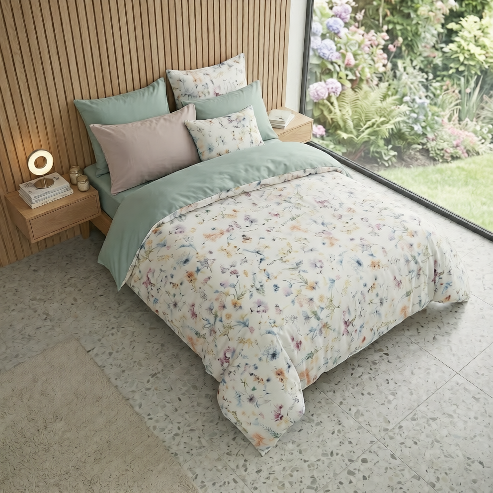 Bright Flamingo Leaf - Botanical Meadow Egyptian Cotton Bedding Set