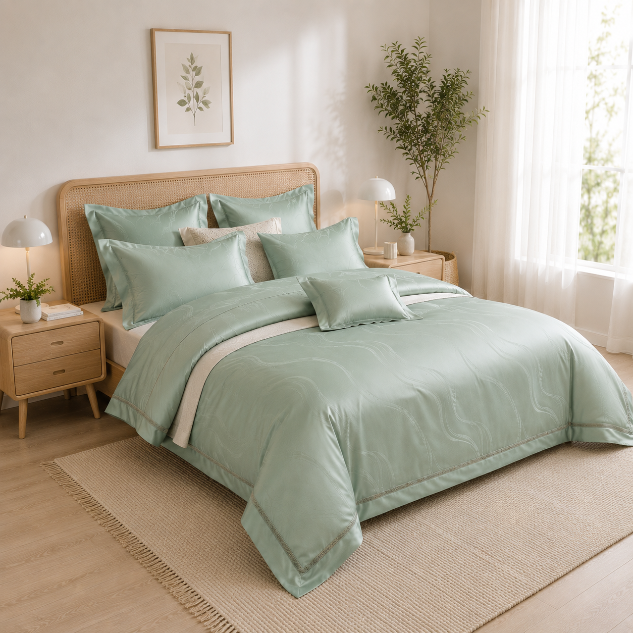 Scandinavian Luxe Jacquard - Sage Mist Egyptian Cotton Bedding Set