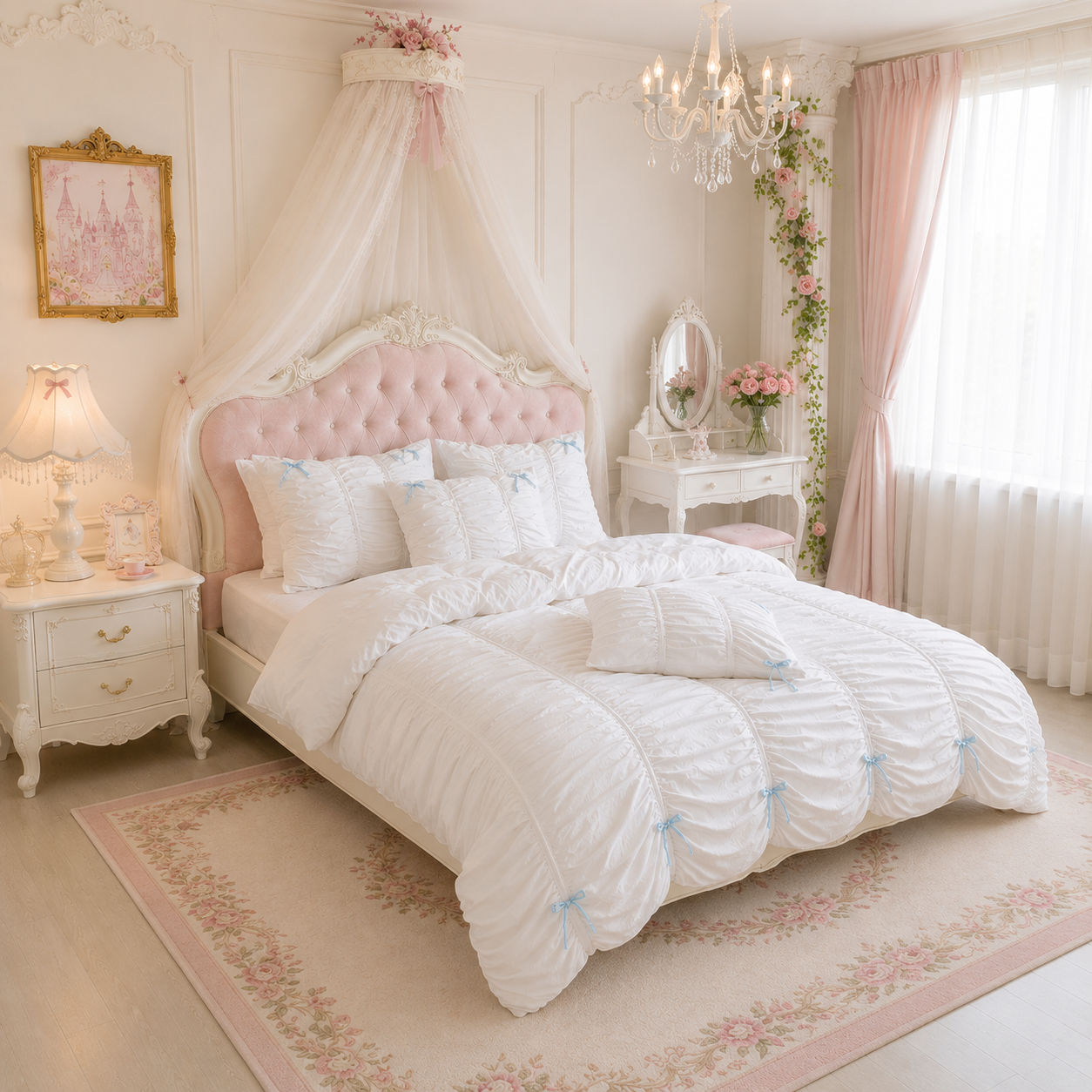 The Enchanted Princess Chamber - White Blue Ruched Bedding Set
