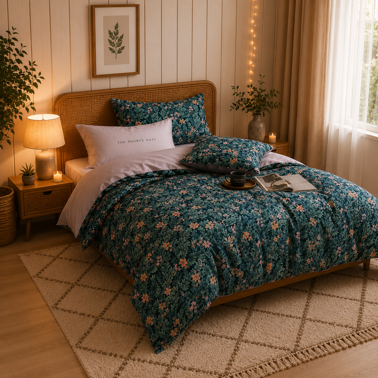 Bright Flamingo Leaf - Secret Garden Teal Egyptian Cotton Bedding Set