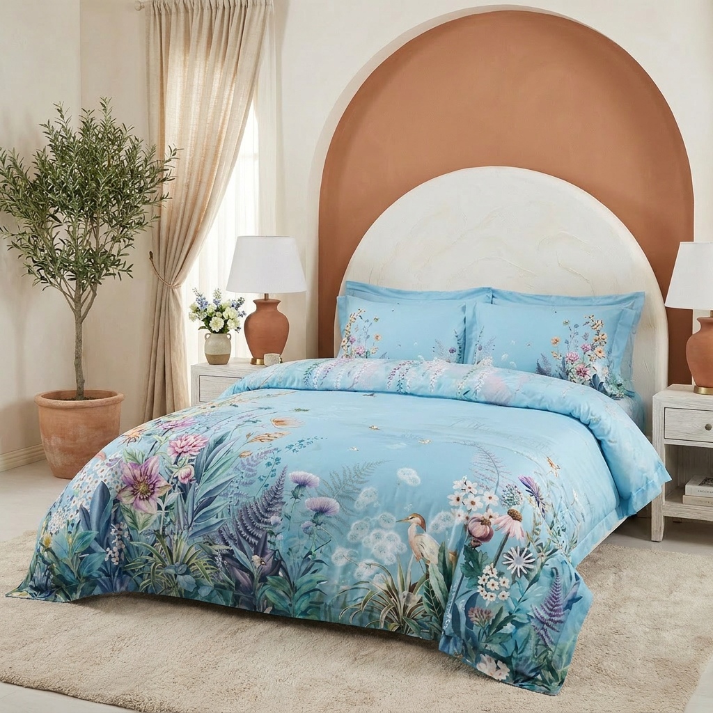 Artisan Design - Sky Blue Botanical Mediterranean Egyptian Cotton Bedding Set