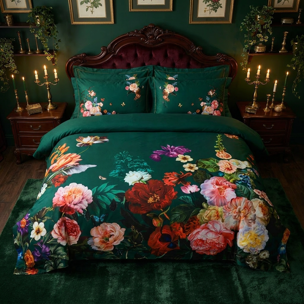 Artisan Design - Emerald Floral Dark Victorian Botanical Egyptian Cotton Bedding Set