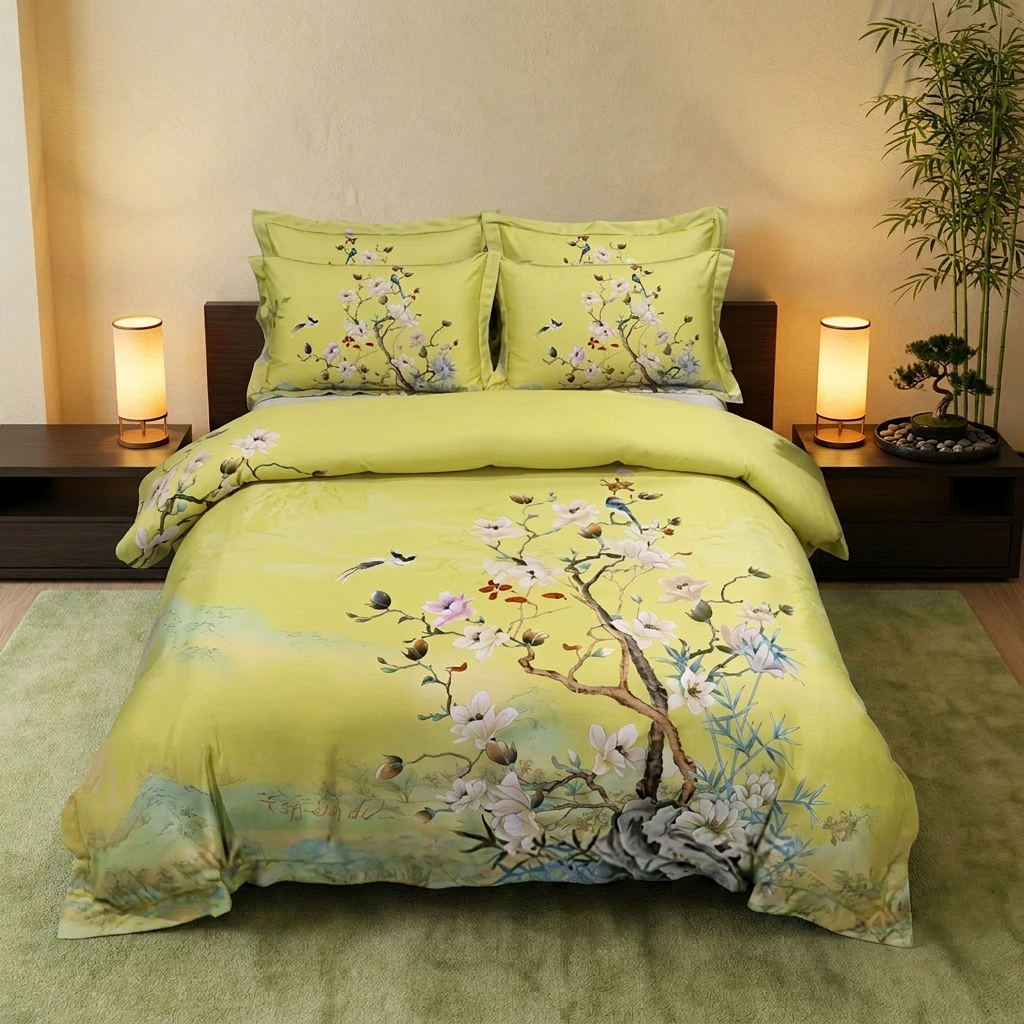 Artisan Design - Yellow Chinoiserie Blossom Japandi Luxury Egyptian Cotton Bedding Set