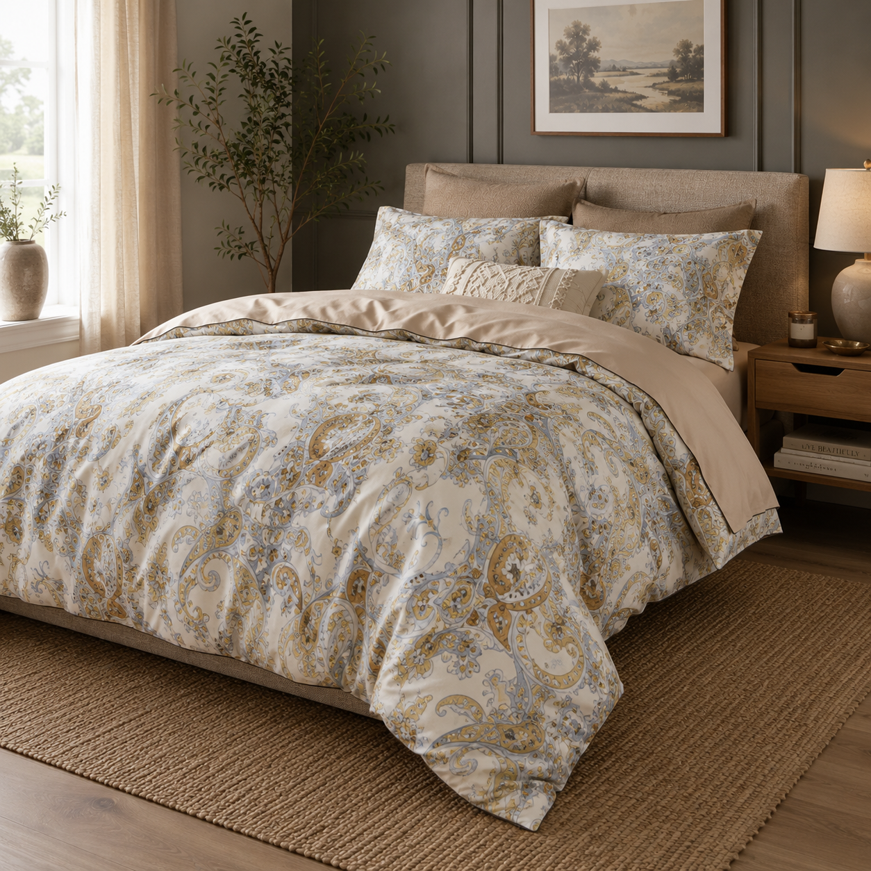Bright Flamingo Leaf - Paisley Elegance Egyptian Cotton Bedding Set