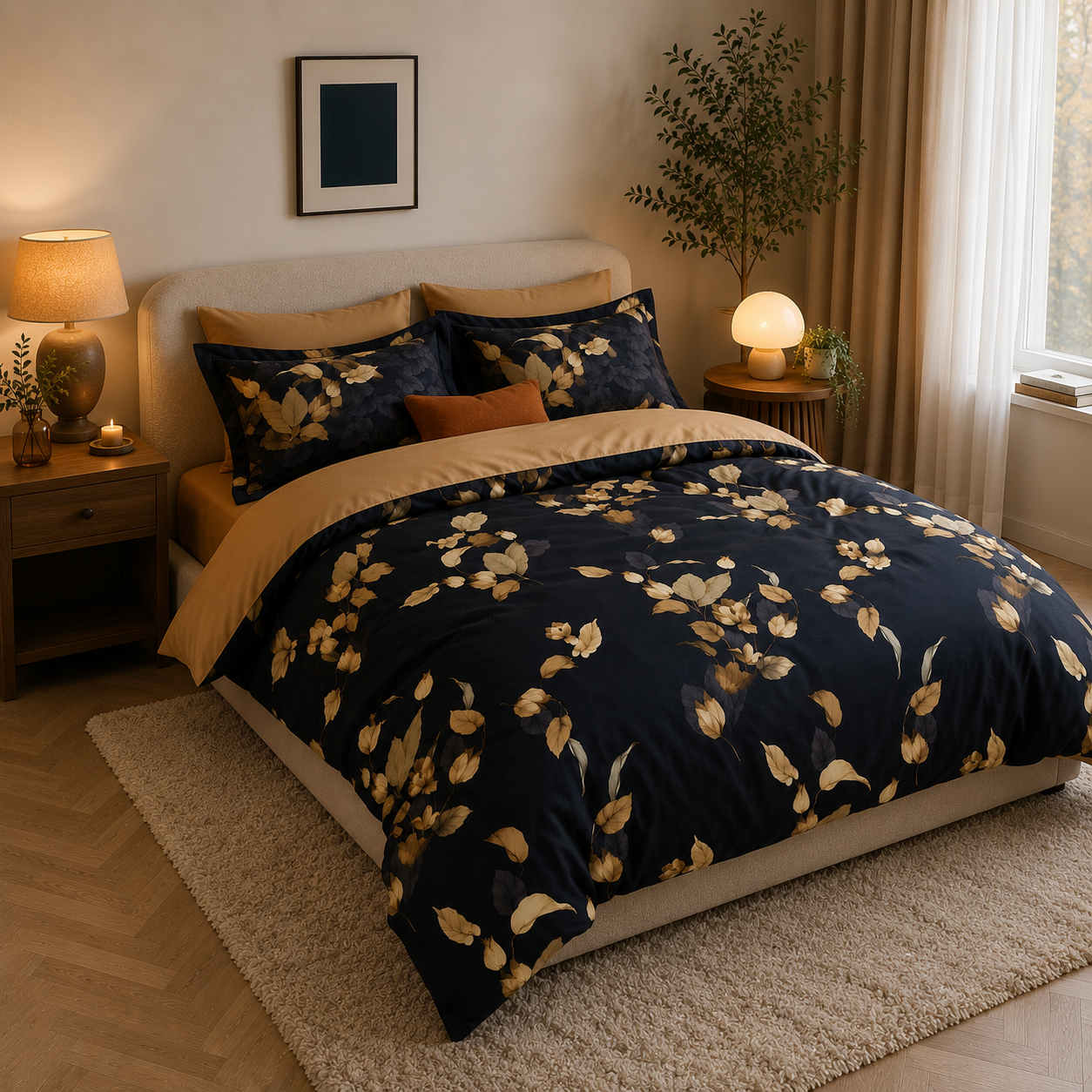Bright Flamingo Leaf - Noir Twilight Egyptian Cotton Bedding Set