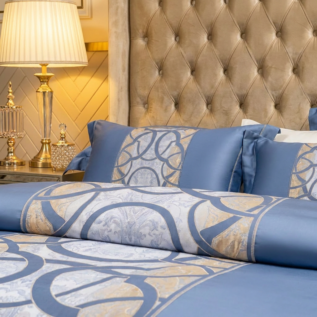 Artisan Design - Steel Blue Geometric Parisian Hotel Egyptian Cotton Bedding Set
