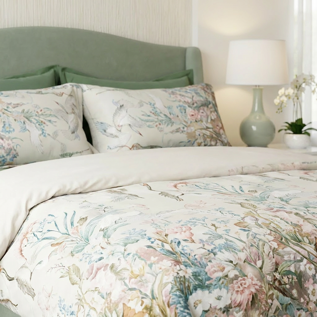 Artisan Design - Soft Botanical Crane Chinoiserie Spa Egyptian Cotton Bedding Set
