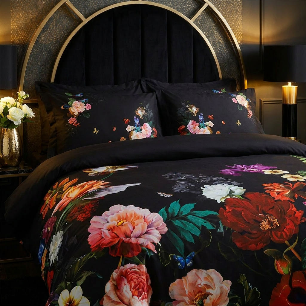 Artisan Design - Black Floral Modern Glamour Egyptian Cotton Bedding Set