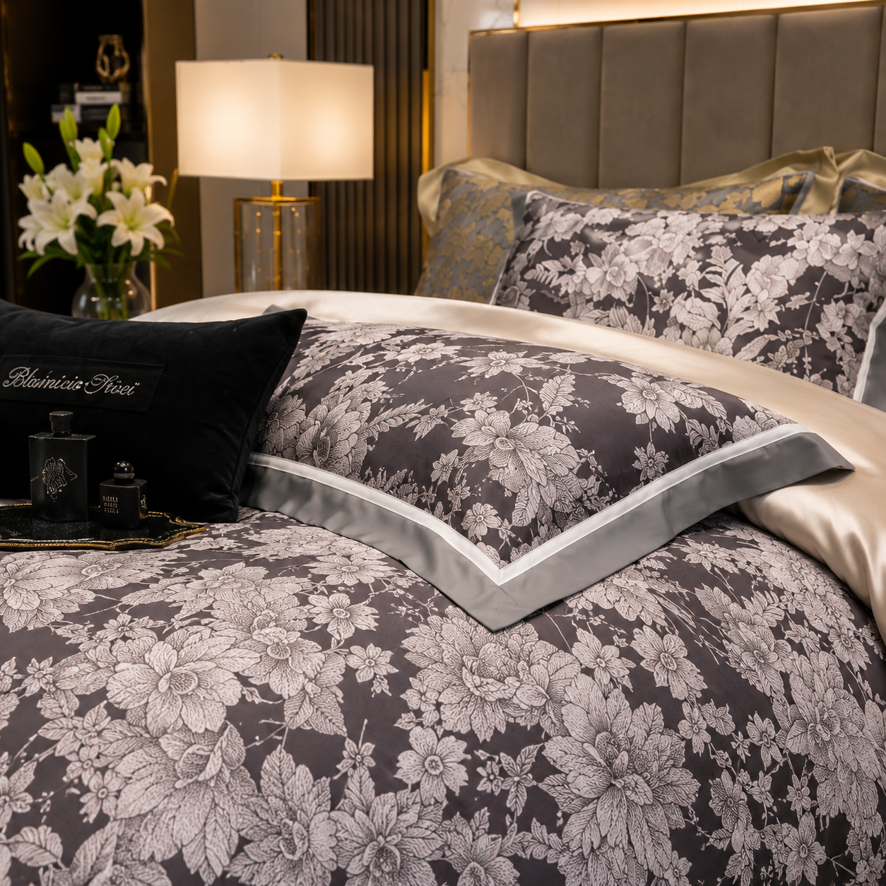 Premium Floral Long Staple - Midnight Blossom Cotton Bedding Set