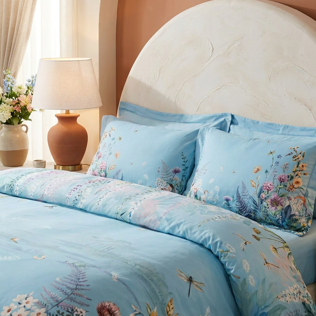 Artisan Design - Sky Blue Botanical Mediterranean Egyptian Cotton Bedding Set
