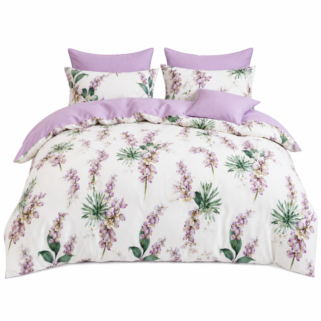 Bright Flamingo Leaf - Lavender Orchid Bliss Egyptian Cotton Bedding Set