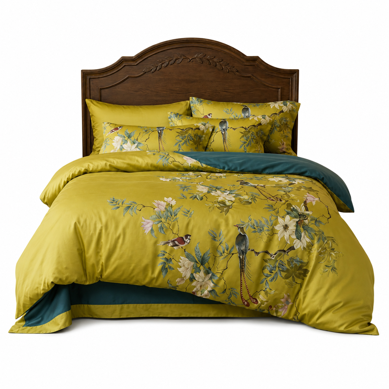 Bright Flamingo Leaf - Olive Chinoiserie Bird Tuscan Villa Egyptian Cotton Bedding Set