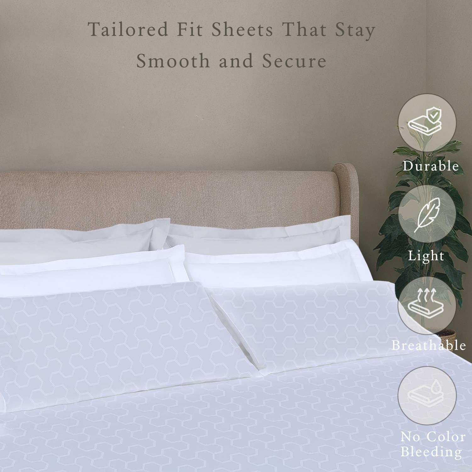 500 Thread Count Queen Size Sheets 4 Pc Luxury Cotton Bedding Set, Jacquard Floria Hotel White, Silky Smooth Sheets with 16" Elasticized Deep Pocket, 2 Pillowcases & Free Tote Bag