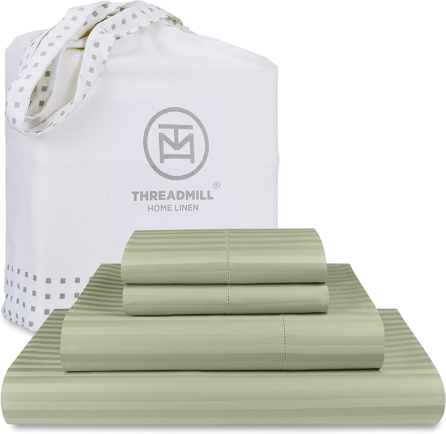100% Cotton Sheets for Full Size Bed - 600 Thread Count Full Bed Sheets Set with 16” Deep Pocket - Damask Stripe Sateen Weave 4-Piece Bedding Set with Cooling Effect, Sage Green