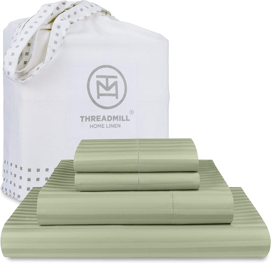 100% Cotton Sheets for Full Size Bed - 600 Thread Count Full Bed Sheets Set with 16” Deep Pocket - Damask Stripe Sateen Weave 4-Piece Bedding Set with Cooling Effect, Sage Green