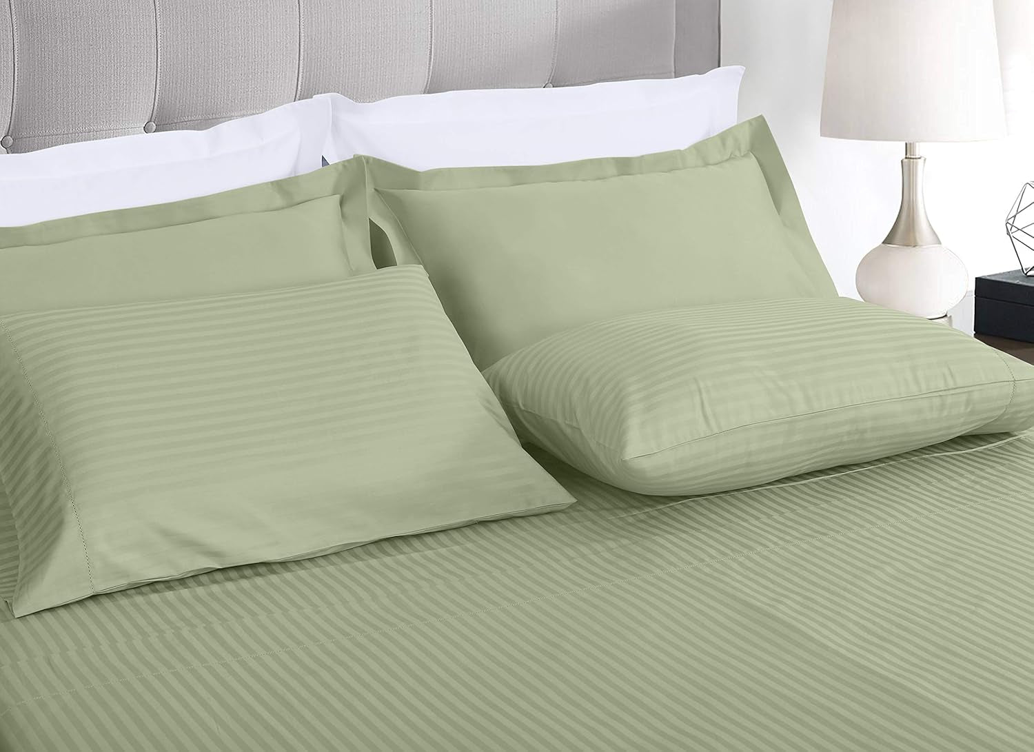 100% Cotton Sheets for Full Size Bed - 600 Thread Count Full Bed Sheets Set with 16” Deep Pocket - Damask Stripe Sateen Weave 4-Piece Bedding Set with Cooling Effect, Sage Green