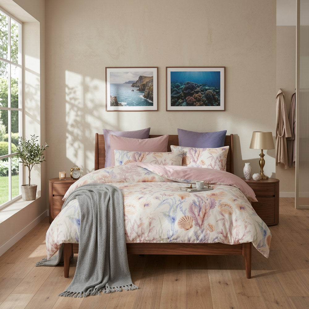 Bright Flamingo Leaf - Coastal Shorelines Pastel Egyptian Cotton Bedding Set