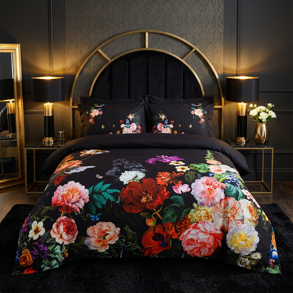Artisan Design - Black Floral Modern Glamour Egyptian Cotton Bedding Set