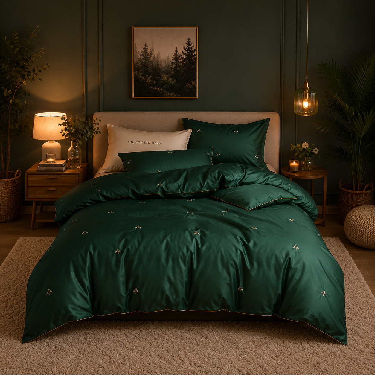 Bright Flamingo Leaf - Emerald Serenity Egyptian Cotton Bedding Set