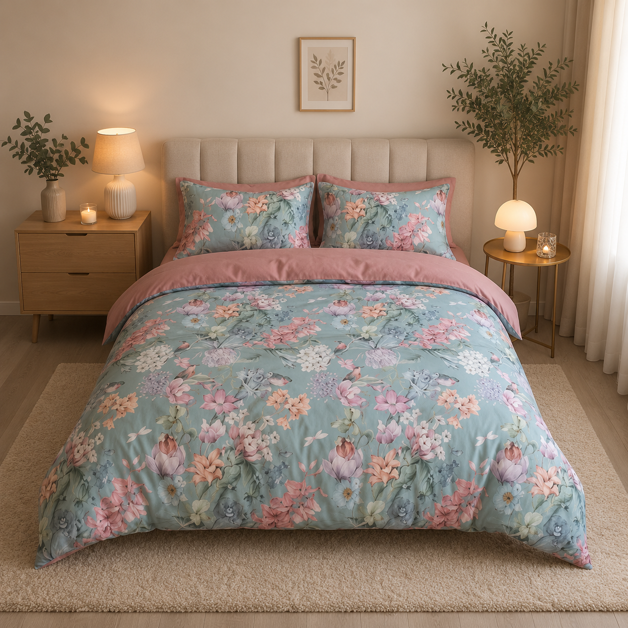 Bright Flamingo Leaf - Bluebell Blossom Egyptian Cotton Bedding Set