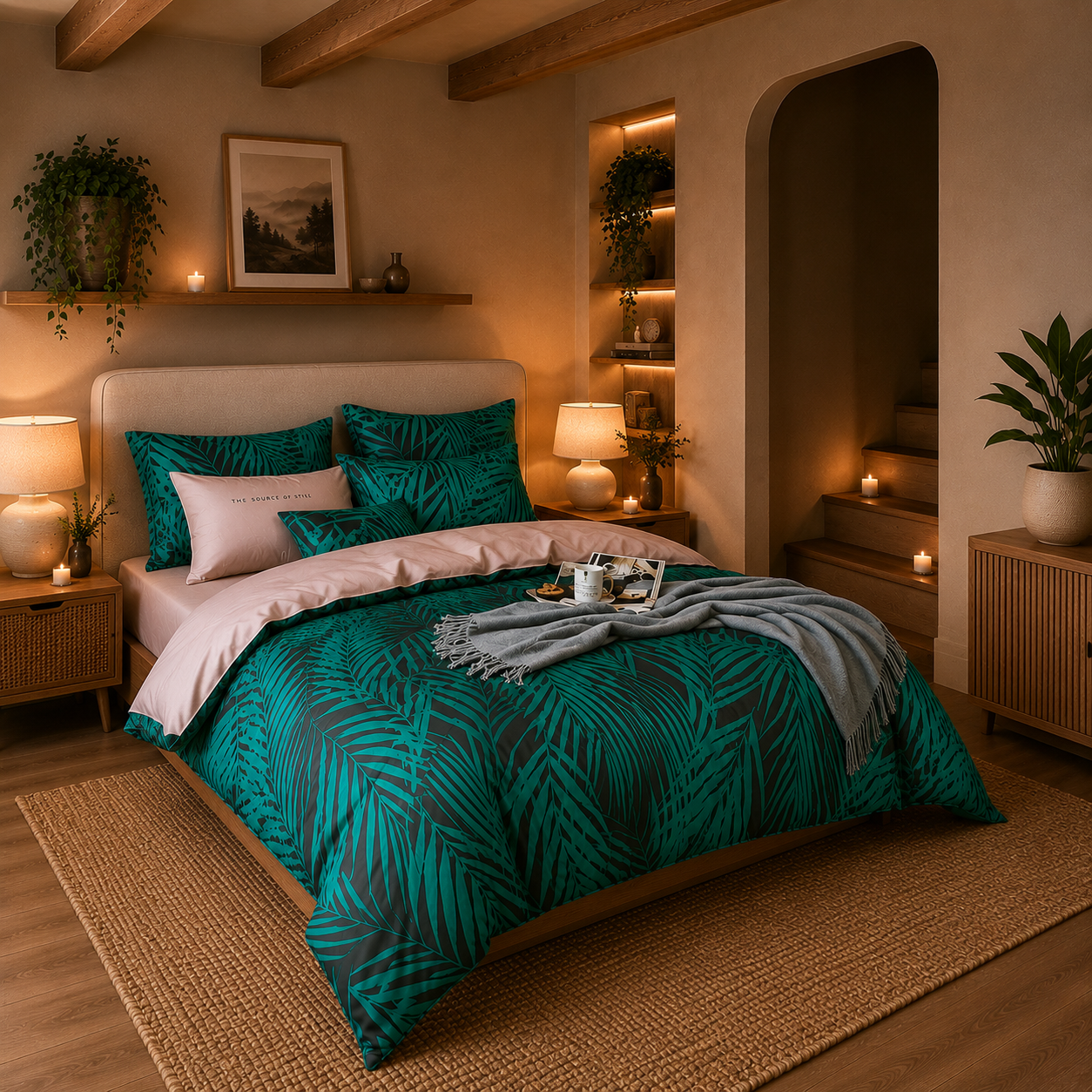 Bright Flamingo Leaf - Emerald Palm Retreat Egyptian Cotton Bedding Set